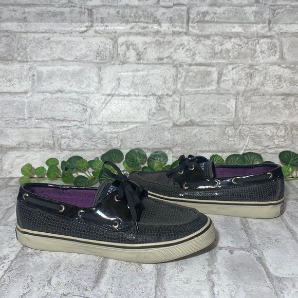 Sperry Topsider Black Sequins Shiny Black Trim‎ Purple Insole Women’s 7M - Picture 1 of 10